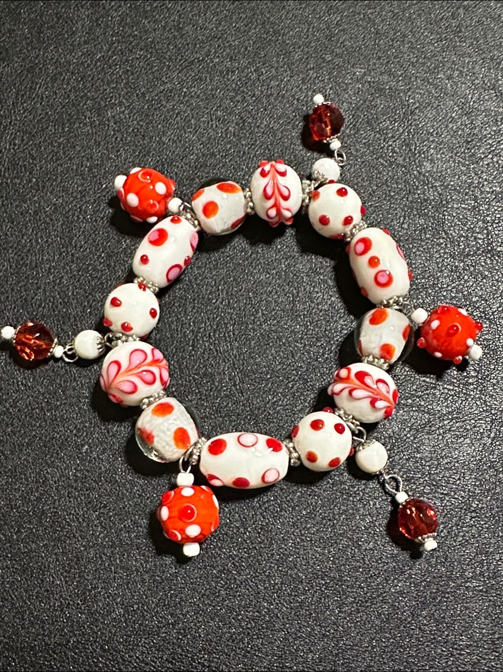 Red & White Polka Dot Lamp Work Glass Stretch Bracelet